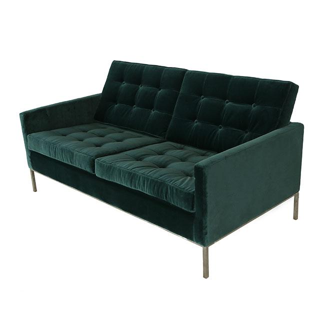 modern two seat sofa with teal velvet